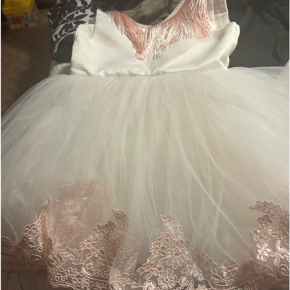 White with pink accent and tulle petticoat fancy dress. By IttyBitty.  Size 3.